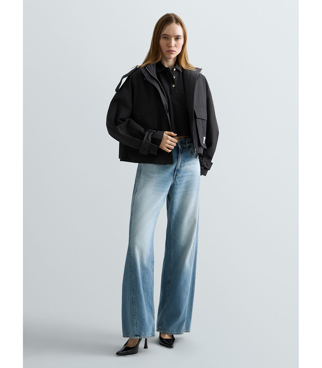 コットンピケクロップドポロシャツ 詳細画像 ブラック 2